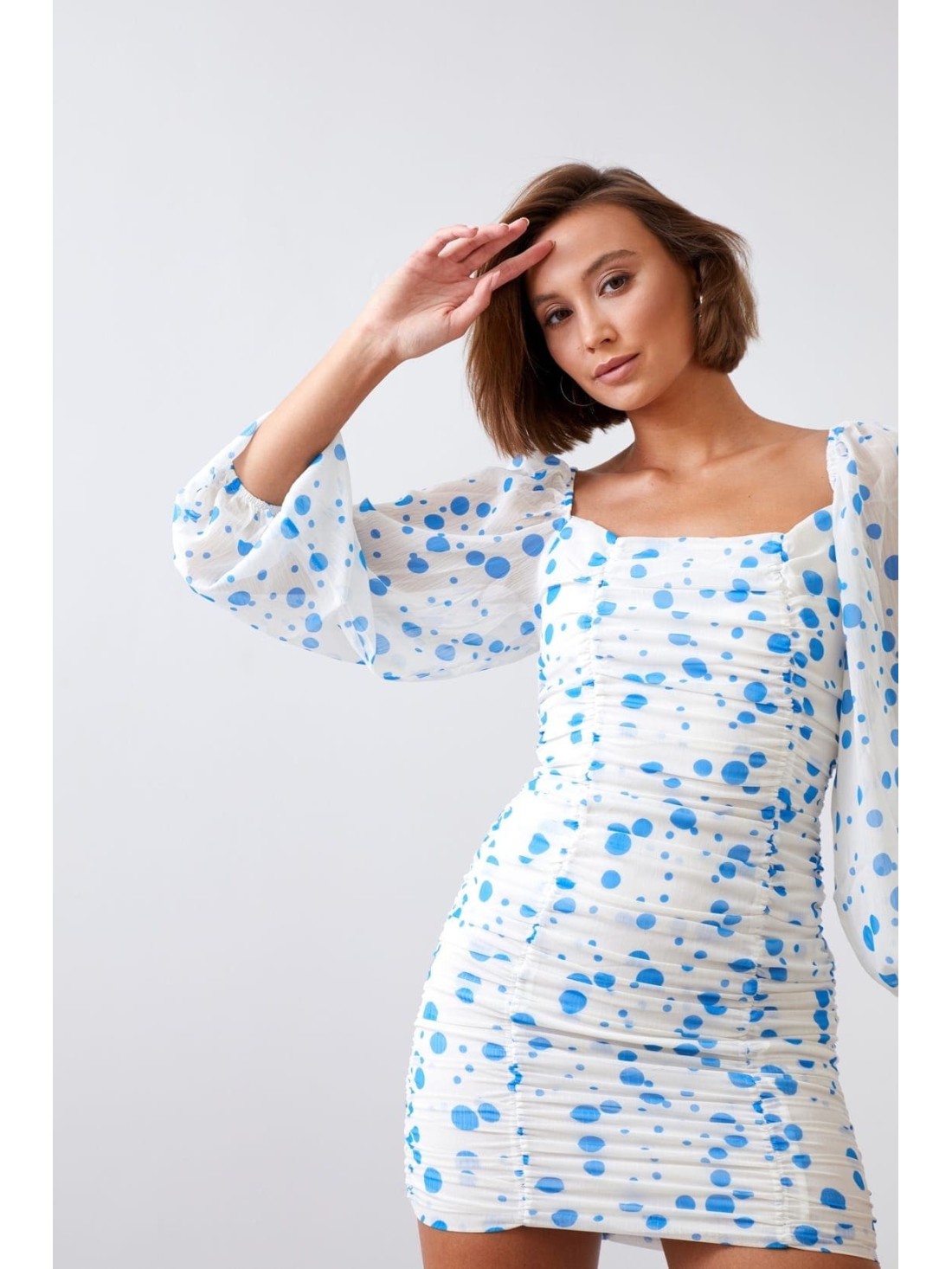 Cream and blue polka dot draped dress 2940 - Online store - Boutique